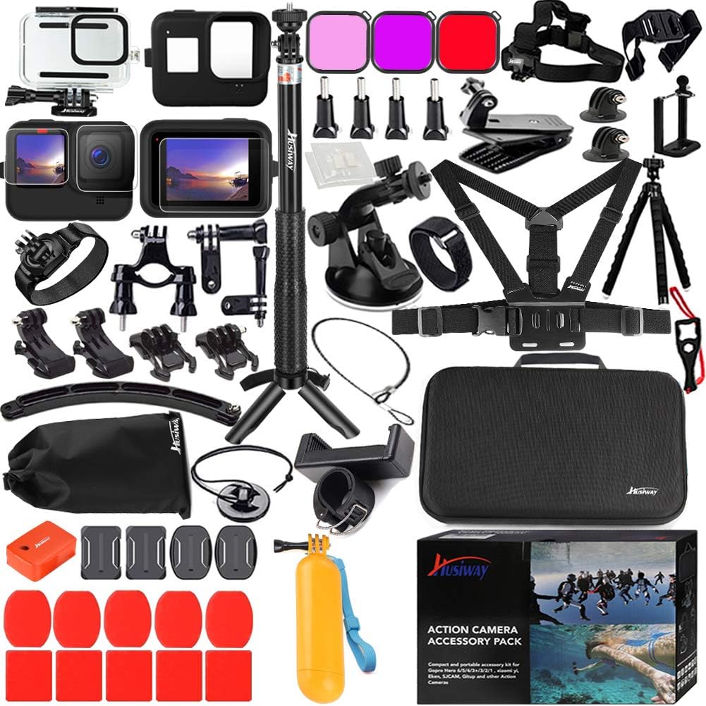 Husiway Accessories Kit for Gopro Hero 11 10 9 Black Waterproof Housing Silicone Case Glass Screen Protector Bundle for Go pro Gopro11 Gopro10 Gopro9 Hero10 Hero11 Hero9 Action Camera 62E