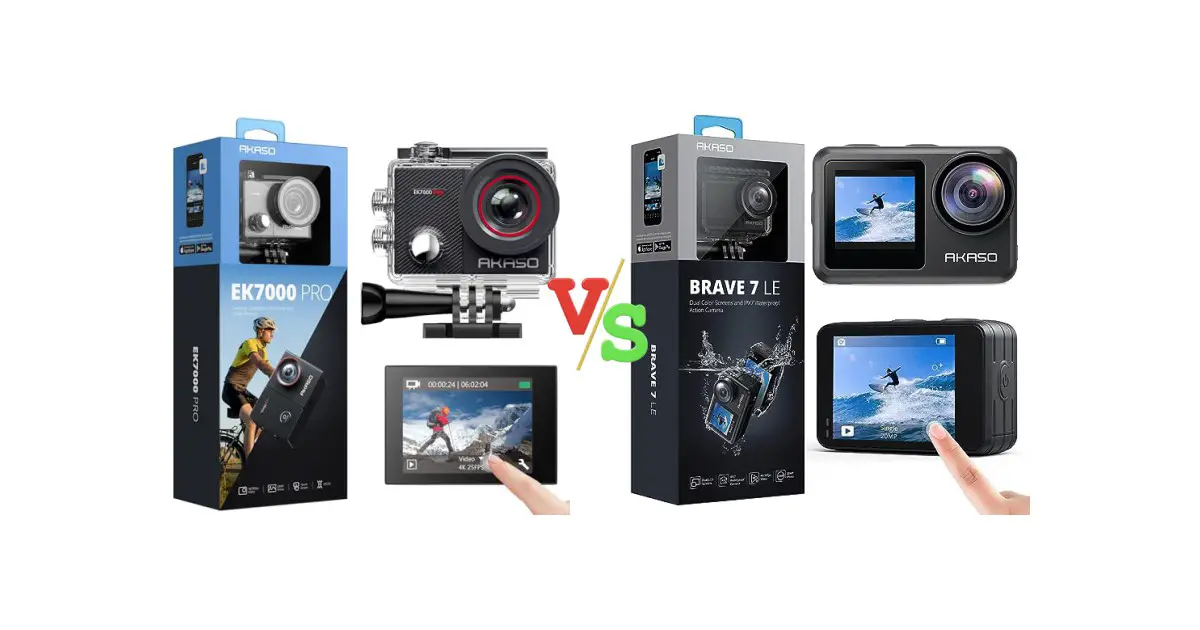 AKASO EK7000 Pro 4K30fps Action Camera with Touch Screen EIS 131ft Waterproof Underwater Camera Remote Control 5X Zoom with Helmet Accessories Kit (Standalone) vs AKASO Brave 7 LE 4K30FPS 20MP WiFi Action Camera with Touch Screen EIS 2.0 Zoom Remote Control 131 Feet Underwater Camera with 2X 1350mAh Batteries Support External Microphone Vlog Camera Versus Image