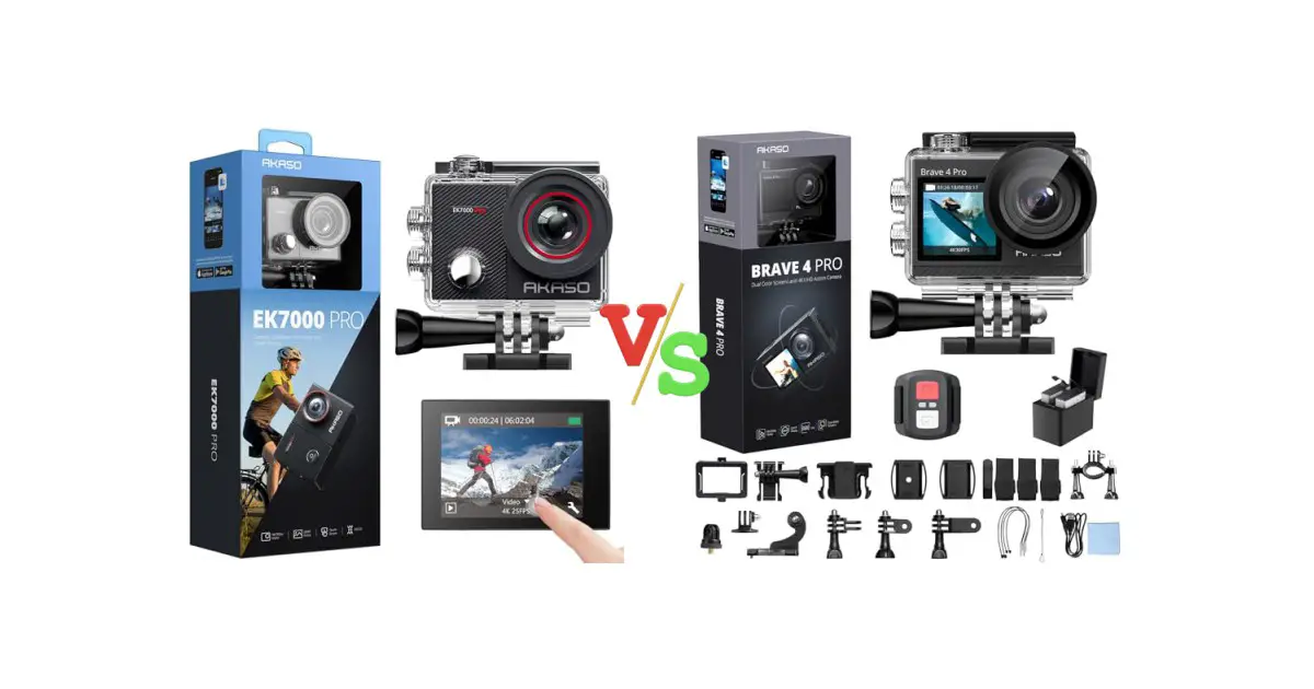 AKASO EK7000 Pro 4K30fps Action Camera with Touch Screen EIS 131ft Waterproof Underwater Camera Remote Control 5X Zoom with Helmet Accessories Kit (Standalone) vs AKASO Brave 4 Pro 4K30FPS Action Camera 131ft Underwater Camcorder Waterproof Camera with Touch Screen Advanced EIS Remote Control 5X Zoom Underwater Camera Support External Mic Versus Image