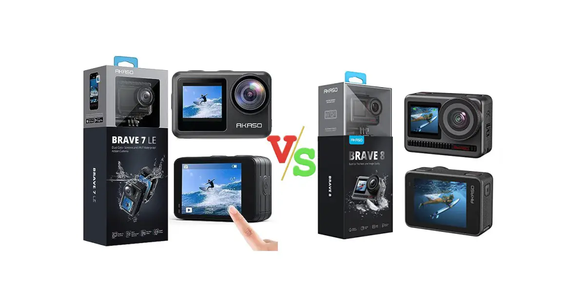 AKASO Brave 7 LE 4K30FPS 20MP WiFi Action Camera with Touch Screen EIS 2.0 Zoom Remote Control 131 Feet Underwater Camera with 2X 1350mAh Batteries Support External Microphone Vlog Camera vs AKASO Brave 8 4K60FPS Action Camera Versus Image