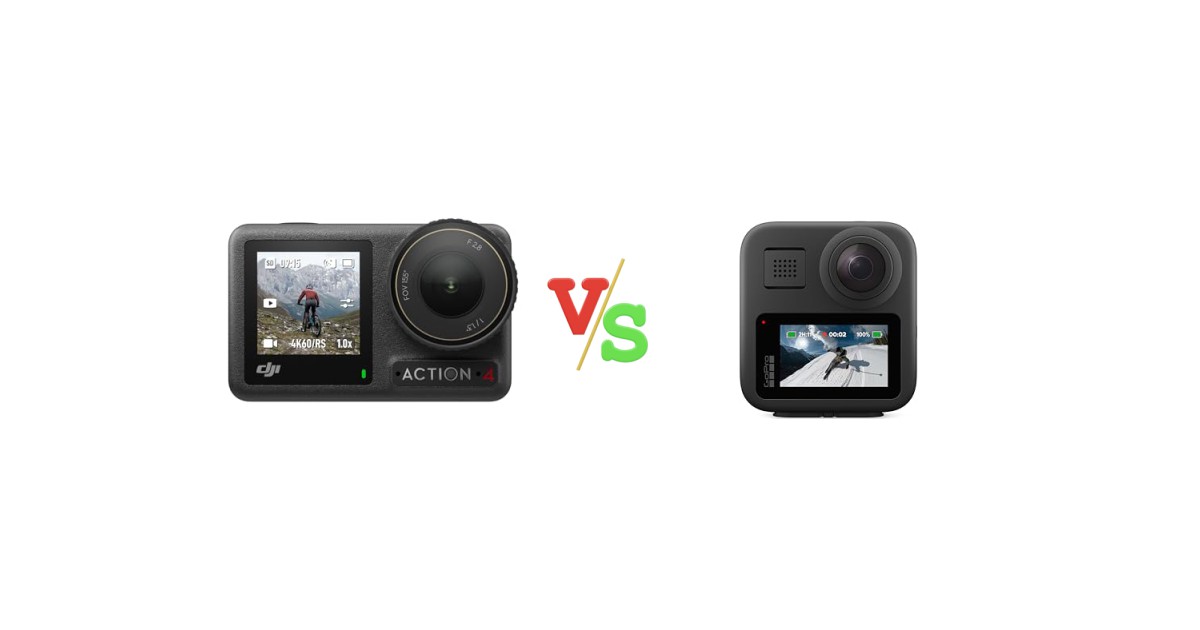 DJI Osmo Action 4 Standard Combo vs GoPro MAX — Waterproof 360 + Traditional Action Camera with Touch Screen Spherical 5.6K30 HD Video 16.6MP 360 Photos 1080p Live Streaming Stabilization Versus Image