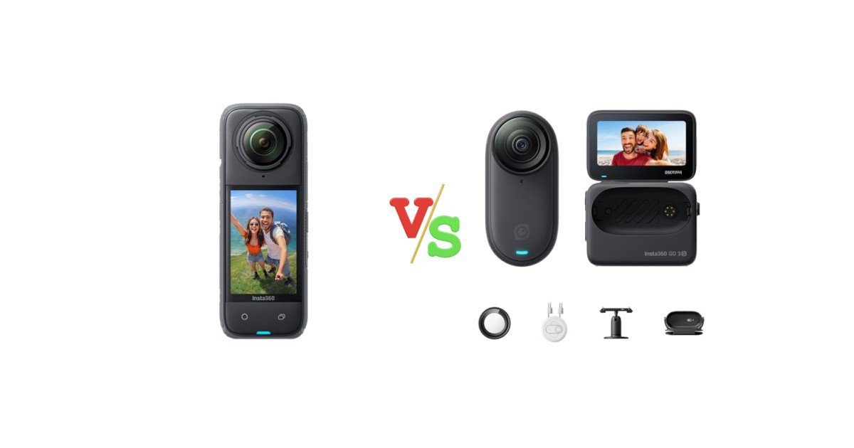 Insta360 X4 Standard Bundle Waterproof 8K 360 Action Camera vs Insta360 GO 3S 64 GB Black 4K Tiny Portable Vlogging Camera Versus Image