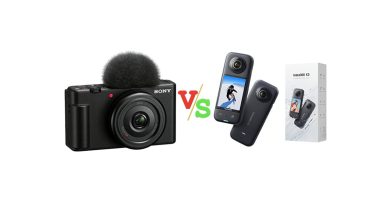 Sony ZV 1F Vlog Camera for Content Creators and Vloggers Black vs Insta360 X3 Waterproof 360 Action Camera Versus Image