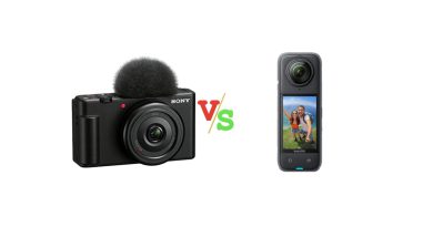 Sony ZV 1F Vlog Camera for Content Creators and Vloggers Black vs Insta360 X4 Standard Bundle Waterproof 8K 360 Action Camera Versus Image