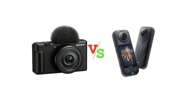 Sony ZV 1F Vlog Camera for Content Creators and Vloggers Black vs Insta360 X5 Waterproof 8K 360° Action Camera Versus Image