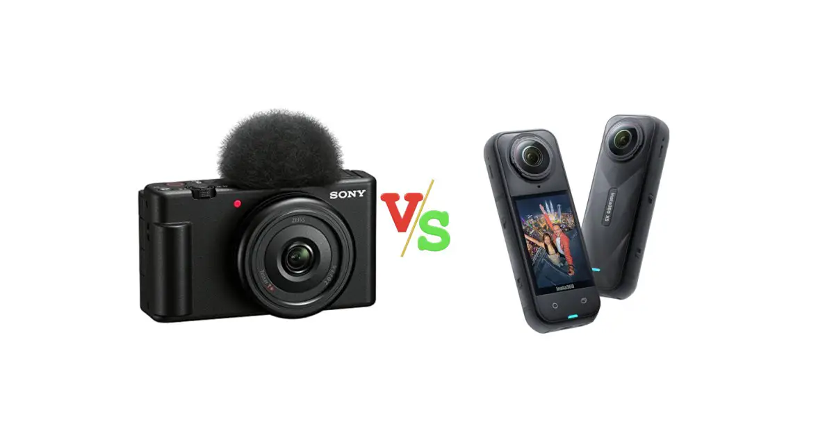 Sony ZV 1F Vlog Camera for Content Creators and Vloggers Black vs Insta360 X5 Waterproof 8K 360° Action Camera Versus Image