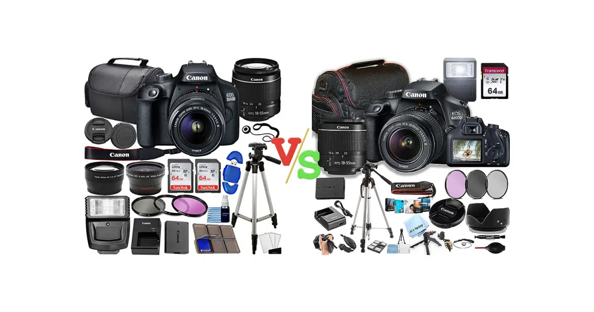 Canon EOS 2000D / Rebel T7 DSLR Camera w/EF S 18 55mm f/3.5 5.6 Lens 3 Lens Kit: 128GB Memory + Wide Angle + Telephoto + Flash vs Canon EOS 4000D / Rebel T100 DSLR Camera w/EF S 18 55mm F/3.5 5.6 Zoom Lens + 64GB Memory Versus Image